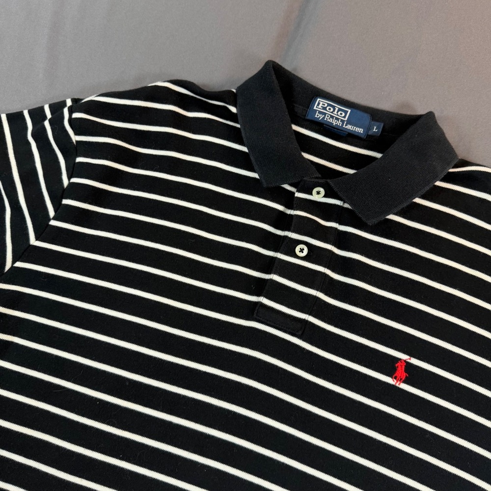 Polo Ralph Lauren Mens Large Black White Striped Polo Shirt FLAW